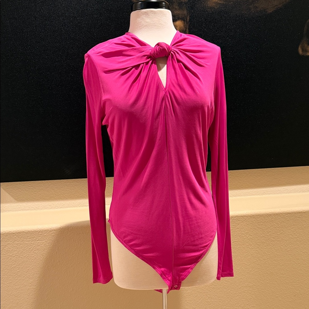 Farm Rio Women's Fuchsia Hot Pink Knot-Neck Long Sleeve Bodysuit NWOT